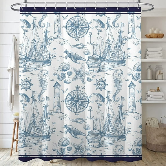 Nautical Shower Curtain,Lighthouse Sailing Starfish Bathroom Shower Curtains,Navy Blue Coastal Bath Curtains Set with 12 Hooks 72x72in,Waterproof Fabric
