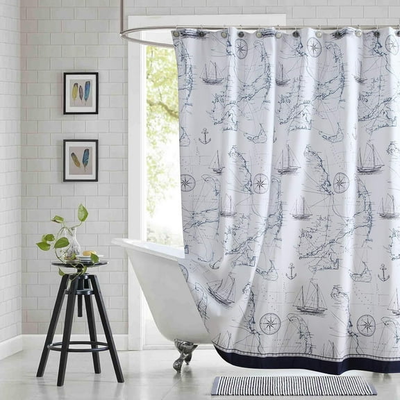Nautical Shower Curtain, Navy Blue and White Fabric Shower Curtain, Beach Shower Curtains for Bathroom, Waterproof Bathroom Curtains, 72" W x 72" H