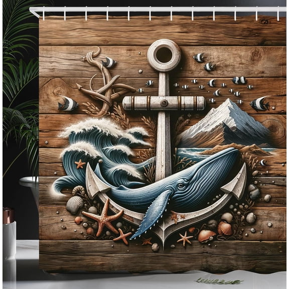 Nautical Shower Curtain, Rustic Maritime Art with Anchor Whale Mountain Sea Waves and Shells, Cloth Fabric Bathroom Decor Set with Hooks, 69" W x 84" L, Cocoa and Slate Blue