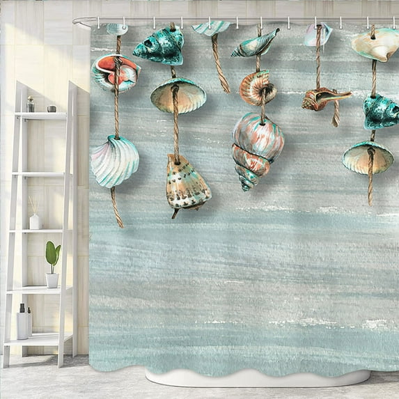 Nautical Shower Curtain, Rustic Wooden Teal Ocean Beach Vintage Coral Coastal Shower Curtains for Bathroom, Marine Starfish and Seashell Summer Fabric Bathroom Accessories with Hooks, 72X72in