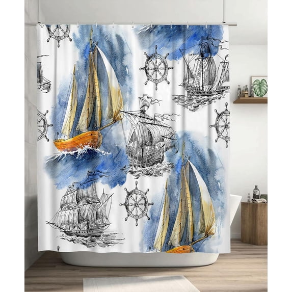 Nautical Shower Curtain Sailboat Rudder Bathroom Shower Curtain Ocean Sea Theme Bath Decor Fabric Waterproof Shower Curtains Set 72 x 72 Inch