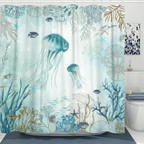 Nautical Shower Curtain, Teal Jellyfish Beach Shell Sea Life Shower Curtains with 12 Hooks, Coral Bathroom Curtain 72"×72"