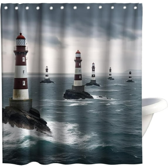 Nautical Shower Curtains Lighthouse Beach Theme Cloth Fabric Ocean Bathroom Decor Sets with Hooks Waterproof Washable 72 x 72 inches Blue Gray