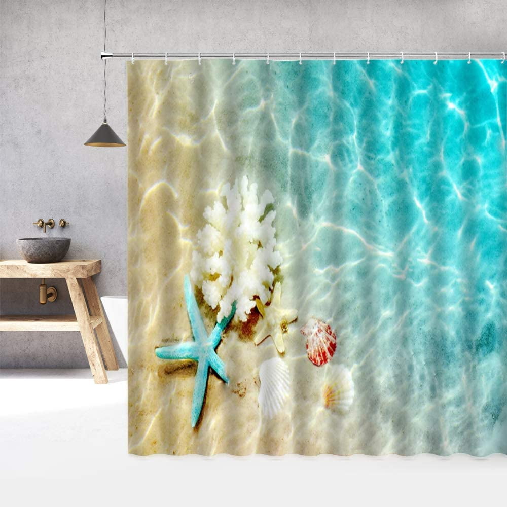 Nautical Shower Curtains Summer Teal Ocean Beach StarShell Sky Tropical