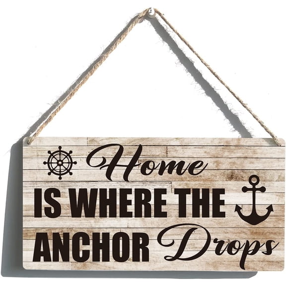 Nautical Sign Funny Farmhouse Home is Where the Anchor Drops Wooden Hanging Sign Plaque Rustic Retro Wall Art Decor for Home Bathroom Seaside Kitchen Decoration 10x5 Inch