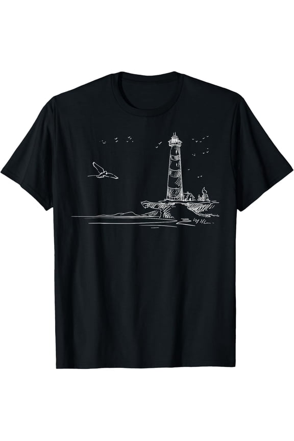 Seaside Lighthouse Nautical Sketch Art T-Shirt men and women can wear, black, white, gifts.