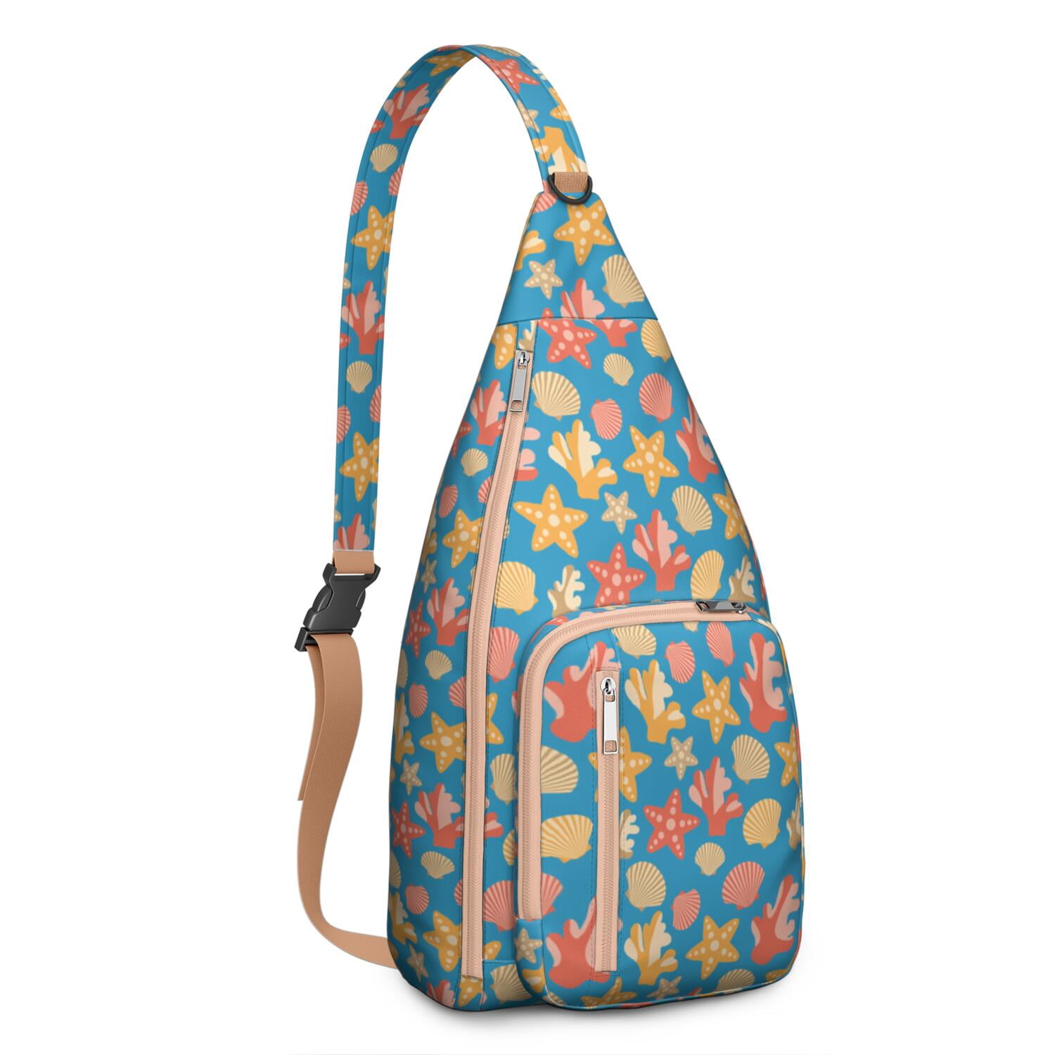 Nautical Sling Bag - Vintage Ocean Theme with Starfish, Seahorse & Seashells Print, Waterproof Lightweight Chest Pack for Beach & Seaside Adventures (Adjustable Strap, Unisex)