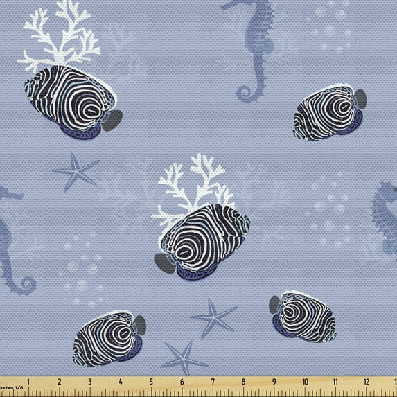 Nautical Sofa Upholstery Fabric by the Yard, Abstract Ornamental Exotic Marine Underwater Fishes Seahorses Seaweeds, Decorative Fabric for DIY and Home Accents, Ceil Blue White Black by Ambesonne
