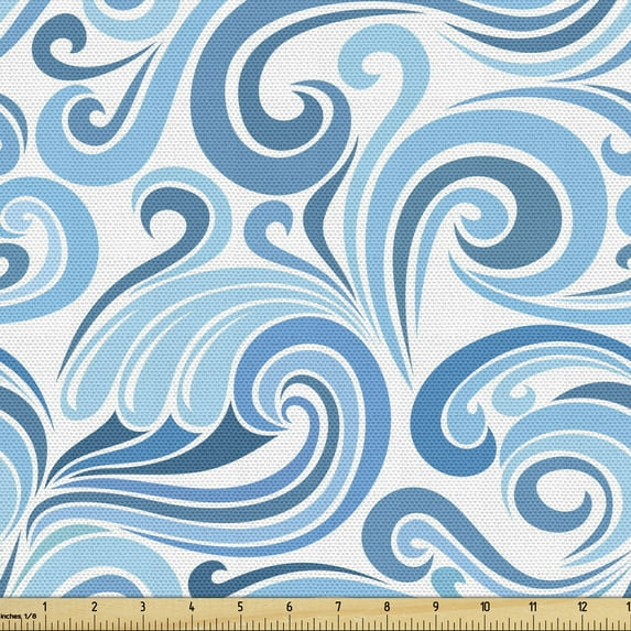 Nautical Sofa Upholstery Fabric by the Yard, Abstract Pattern of Sea Waves Blue Toned Curved Stripes Composition, Decorative Fabric for DIY & Home Accents, 1 Yard, Pale Blue White Blue by Ambesonne