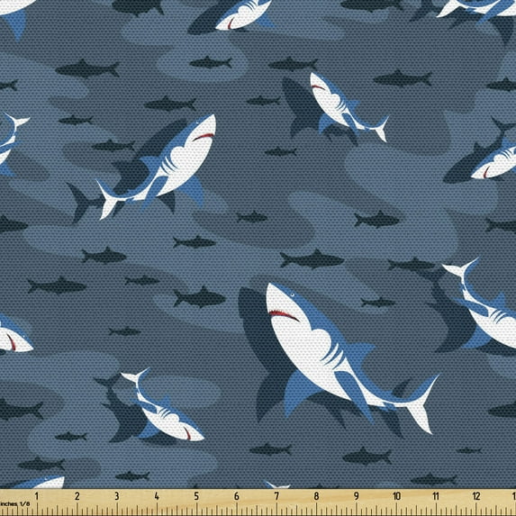 Ambesonne Nautical Fabric by the Yard Upholstery, Frolicking Sharks Cartoon, 3 Yards, Slate Blue