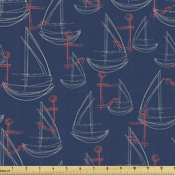 Ambesonne Nautical Fabric by the Yard Upholstery, Hand Drawn Sailing Boats, 2 Yards, Dark Blue and Coral