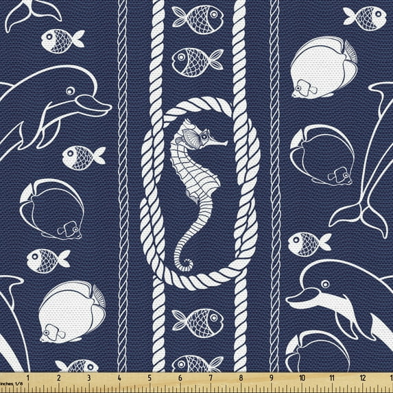 Nautical Sofa Upholstery Fabric by the Yard, Outline Design Sea Creatures Fishes Dolphins and Seahorse with Sailor Robs, Decorative Fabric for DIY and Home Accents, Indigo and White by Ambesonne