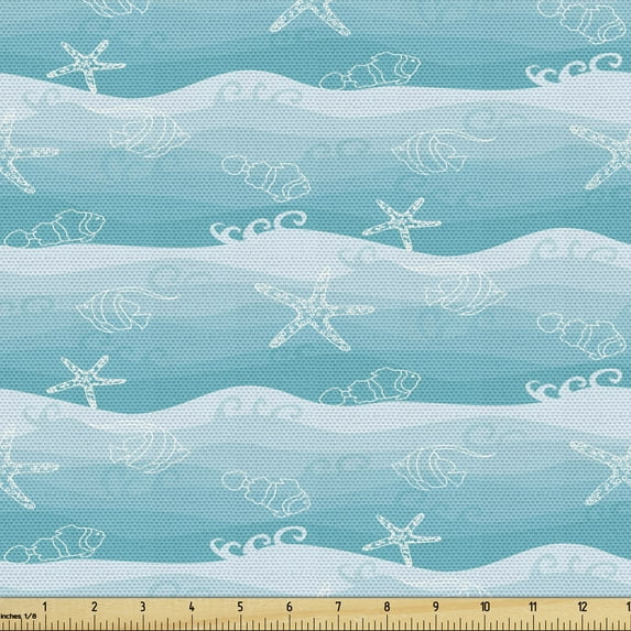 Ambesonne Nautical Fabric by the Yard Upholstery, Fishes on Ombre Sea Waves, 1 Yard, Pale Blue Blue