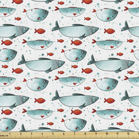 Ambesonne Nautical Fabric by the Yard Upholstery, Graphic Fish Motifs Design, 5 Yards, Pale Petrol Blue Red