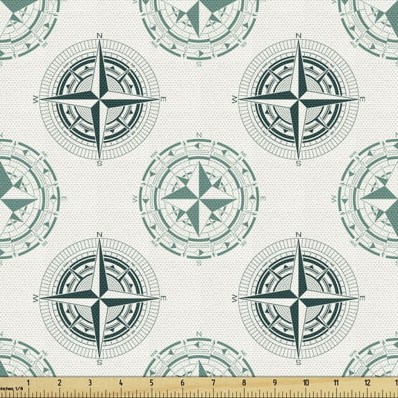 Ambesonne Nautical Fabric by the Yard Upholstery, Maritime Windrose Sailing, 5 Yards, Jade Green Off White Teal