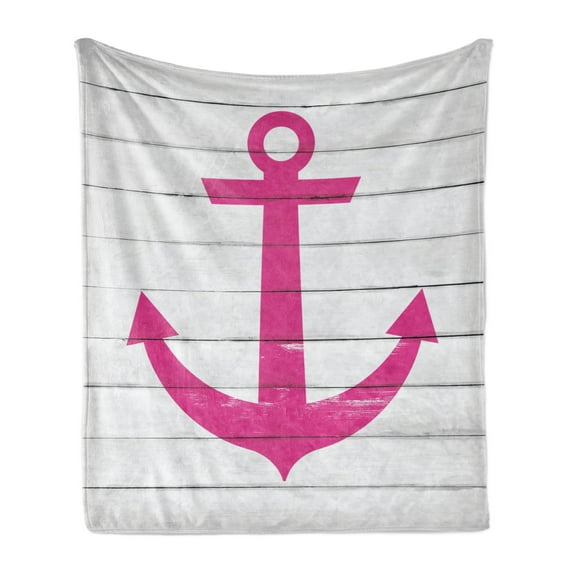 Nautical Soft Flannel Fleece Blanket, Anchor Motif Antiqued Rustic Striped Wooden Planks Sea Lover Ocean Theme, Cozy Plush for Indoor and Outdoor Use, 70" x 90", Pink and Off White, by Ambesonne
