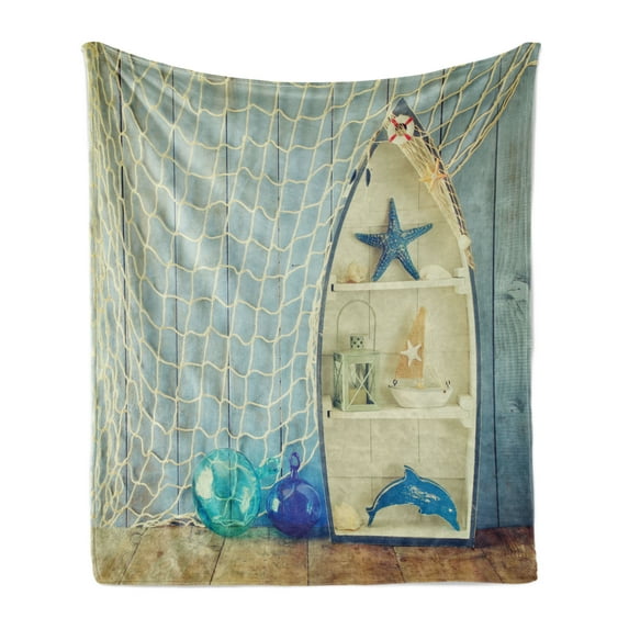 Nautical Soft Flannel Fleece Blanket, Nautical Boat Standing Against the Wall Other Aquatic Objects Sea Featured Picture, Cozy Plush for Indoor and Outdoor Use, 50" x 70", Blue Beige, by Ambesonne