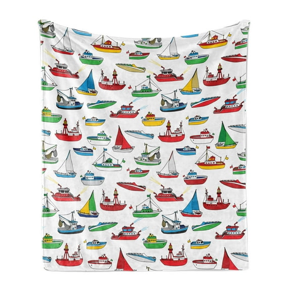 Nautical Soft Flannel Fleece Blanket, Bunch of Colorful Vessel Speedboat Fishing Trawler Motorboat Water Vehicle Concept, Cozy Plush for Indoor and Outdoor Use, 70" x 90", Multicolor, by Ambesonne