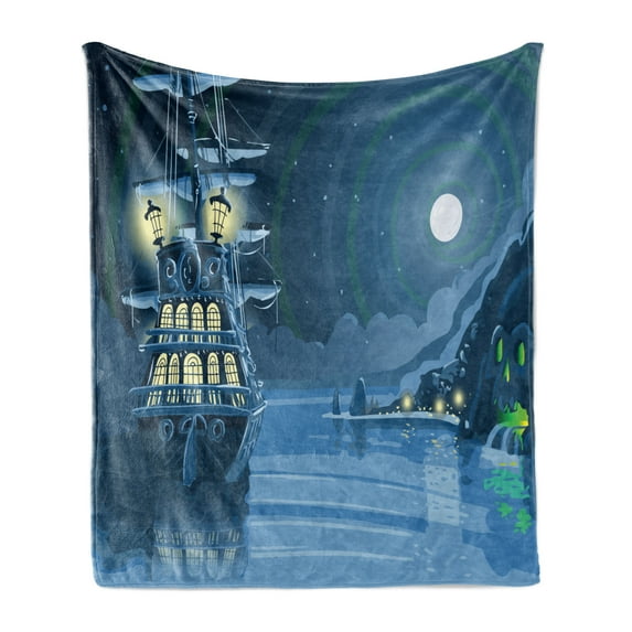Nautical Soft Flannel Fleece Blanket, Detailed Illustration of Nocturnal Adventure Island with Anchored Pirate Ship and Moon, Cozy Plush for Indoor and Outdoor Use, 50" x 70", Blue, by Ambesonne