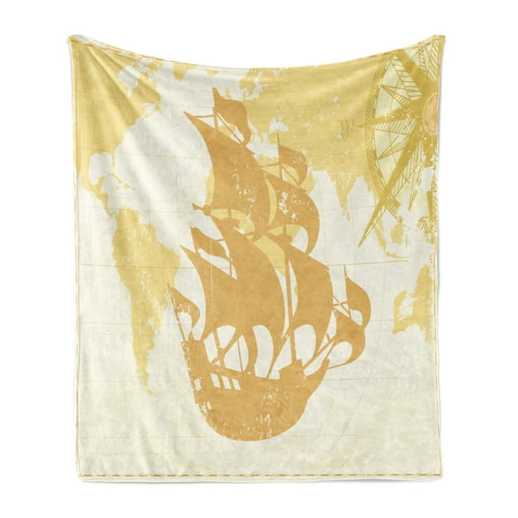 Nautical Soft Flannel Fleece Blanket, Double Exposure Vintage Graphic with Old World Map a Nostalgic Sailboat Compass Concept, Cozy Plush for Indoor and Outdoor Use, 60" x 80", Beige, by Ambesonne