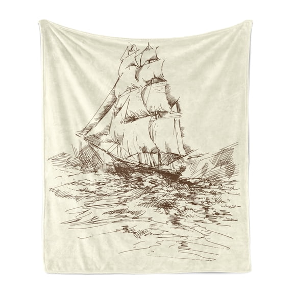 Nautical Soft Flannel Fleece Blanket, Hand Drawn Sailboat Struggling in Ocean Wave Destination Historical Voyage Image, Cozy Plush for Indoor and Outdoor Use, 50" x 70", Ivory Brown, by Ambesonne