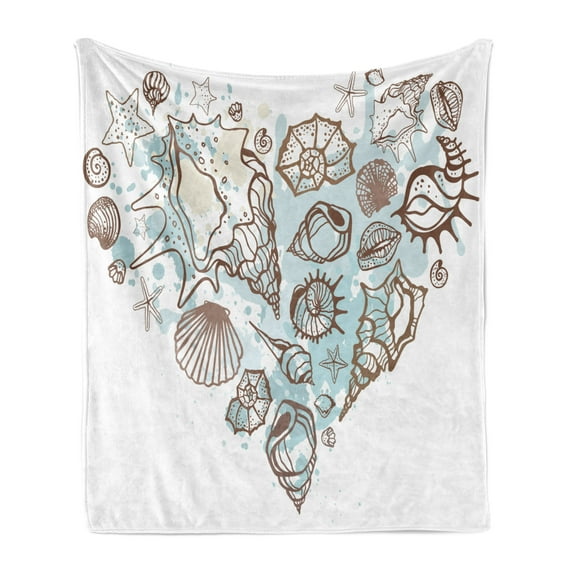 Nautical Soft Flannel Fleece Blanket, Hand Drawn Seashells Scallop Starfish Whelk Ocean Underwater Life Theme, Cozy Plush for Indoor and Outdoor Use, 50" x 60", Brown Warm Taupe Teal, by Ambesonne
