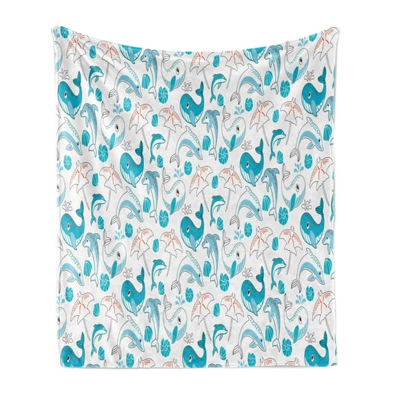 Nautical Soft Flannel Fleece Blanket, Illustration of Underwater Creatures Depicted in Nursery Pattern Art, Cozy Plush for Indoor and Outdoor Use, 70" x 90", Dark Salmon and Sea Blue, by Ambesonne