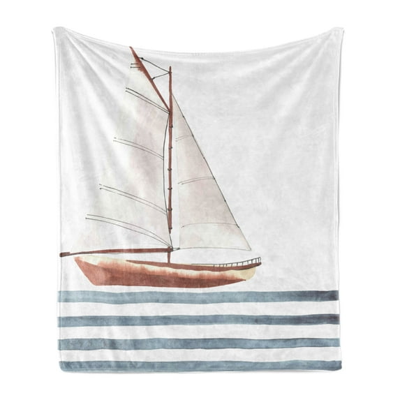 Nautical Soft Flannel Fleece Blanket, Let Your Dreams Sail Words with Boat in Waves Motivation Lifestyle Print, Cozy Plush for Indoor and Outdoor Use, 60" x 80", Cinnamon Pale Blue, by Ambesonne