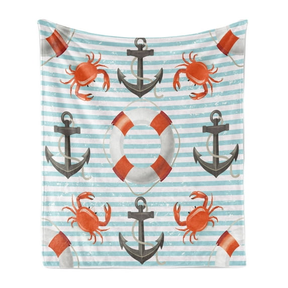 Nautical Soft Flannel Fleece Blanket, Life Rings Anchor and Ropes Ocean Crabs Coastal Theme Teal Striped Print, Cozy Plush for Indoor and Outdoor Use, 60" x 80", Scarlet Black Teal, by Ambesonne