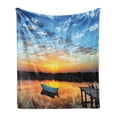 thumbnail image 1 of Nautical Soft Flannel Fleece Blanket, Little Fishing Boat on Pond Tranquil Sunrise Water Reflection Picture, Cozy Plush for Indoor and Outdoor Use, 50" x 70", Sky Blue Yellow Black, by Ambesonne, 1 of 6