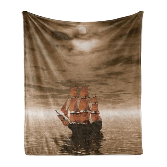Nautical Soft Flannel Fleece Blanket, Lonely Ship Sailing in the Ocean with Weathered Grunge Effect Maritime Theme, Cozy Plush for Indoor and Outdoor Use, 70" x 90", Pale Brown Amber, by Ambesonne