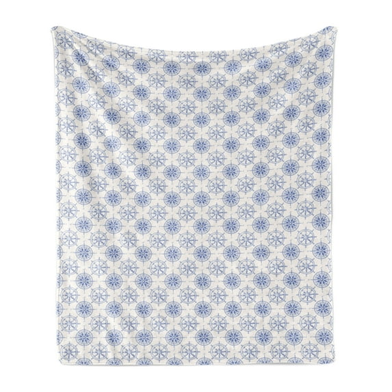 Nautical Soft Flannel Fleece Blanket, Marine Theme Wheel and Compass Motifs Sailing Objects Hand Drawn Ship Steering, Cozy Plush for Indoor and Outdoor Use, 50" x 70", White and Blue, by Ambesonne