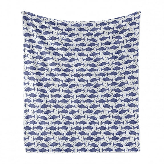 Nautical Soft Flannel Fleece Blanket, Monochrome Hand Drawn Hatched Style Fish Pattern with Minimal Bubbles, Cozy Plush for Indoor and Outdoor Use, 50" x 60", Violet Blue and White, by Ambesonne