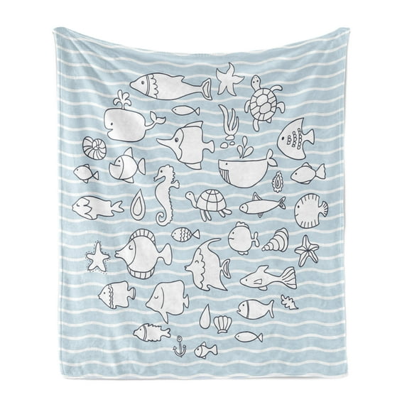 Nautical Soft Flannel Fleece Blanket, Nursery Marine Theme Various Fish and Aquatic Animals on Pastel Tones Waves, Cozy Plush for Indoor and Outdoor Use, 50" x 60", Baby Blue White, by Ambesonne