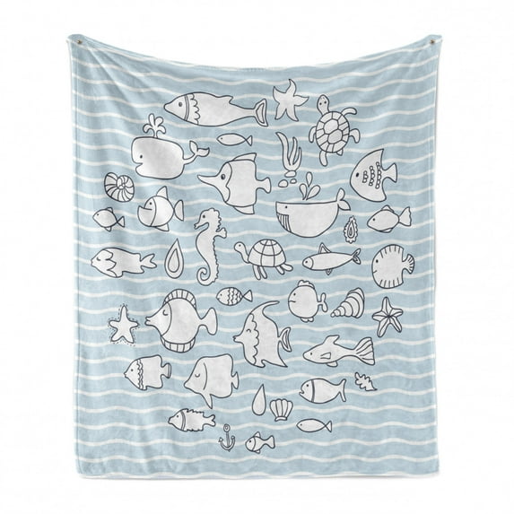 Nautical Soft Flannel Fleece Blanket, Nursery Marine Theme Various Fish and Aquatic Animals on Pastel Tones Waves, Cozy Plush for Indoor and Outdoor Use, 50" x 70", Baby Blue White, by Ambesonne