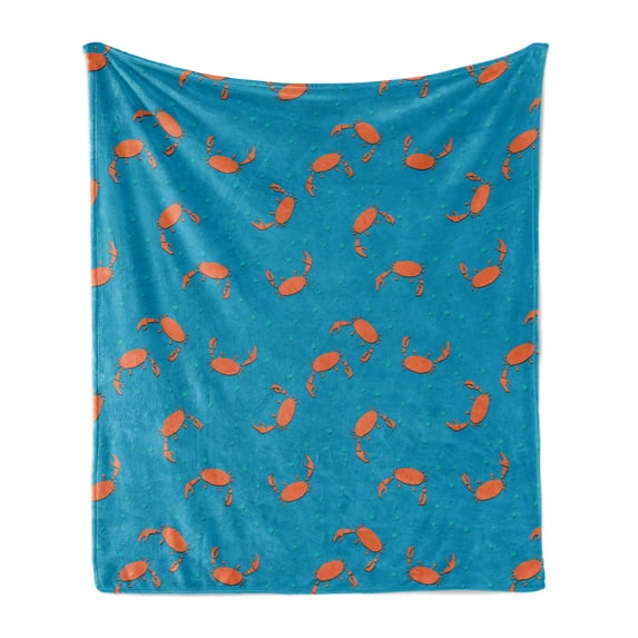 Nautical Soft Flannel Fleece Blanket, Ocean Themed Crabs and Bubbles Pattern Childish Nursery Fun Style, Cozy Plush for Indoor and Outdoor Use, 70" x 90", Burnt Sienna and Sky Blue, by Ambesonne