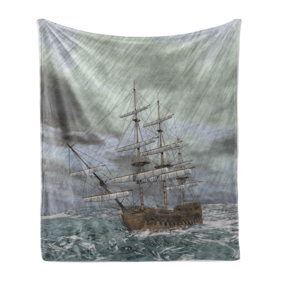 Nautical Soft Flannel Fleece Blanket, Old Ship on the Ocean in Wave Rainy Stormy Weather Fantasy Illustration, Cozy Plush for Indoor and Outdoor Use, 50" x 60", Grey Slate Blue Umber, by Ambesonne