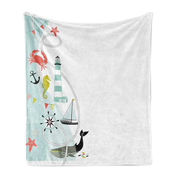 Nautical Soft Flannel Fleece Blanket, Ornate Border Design with Maritime Elements Animals Lighthouse Whale Anchor Wheel, Cozy Plush for Indoor and Outdoor Use, 50" x 60", Multicolor, by Ambesonne