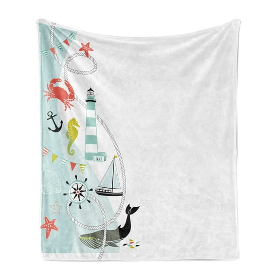 Nautical Soft Flannel Fleece Blanket, Ornate Border Design with Maritime Elements Animals Lighthouse Whale Anchor Wheel, Cozy Plush for Indoor and Outdoor Use, 60" x 80", Multicolor, by Ambesonne