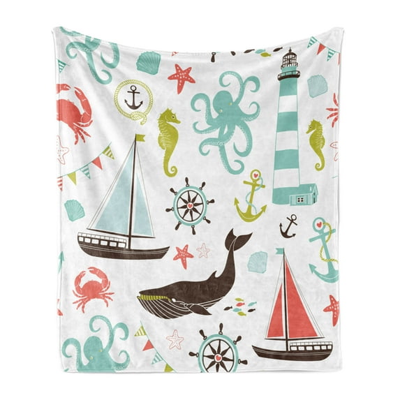 Nautical Soft Flannel Fleece Blanket, Pastel Colored Composition of Lighthouse Sailboat Fish Shells Octopus and Anchor, Cozy Plush for Indoor and Outdoor Use, 60" x 80", Multicolor, by Ambesonne