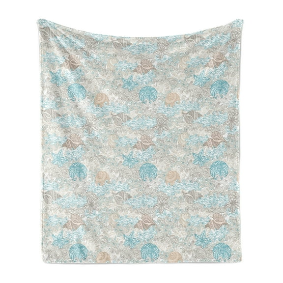 Nautical Soft Flannel Fleece Blanket, Pastel Toned Sea Shell Starfish Mollusk Seahorse Coral Reef Motif Design, Cozy Plush for Indoor and Outdoor Use, 50" x 70", Tan Turquoise White, by Ambesonne