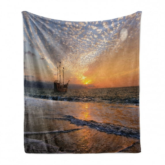 Nautical Soft Flannel Fleece Blanket, Pirate Ship Sailing in Waves Fantasy in the Sea Horizon Moon Sky Surreal Scenery, Cozy Plush for Indoor and Outdoor Use, 60" x 80", Multicolor, by Ambesonne