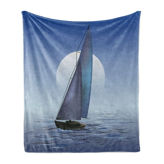 Nautical Soft Flannel Fleece Blanket, Sailing Boat in Moonrise Dramatic Sky Ocean Reflections Wavy Serene Illustration, Cozy Plush for Indoor and Outdoor Use, 70" x 90", Violet Blue, by Ambesonne