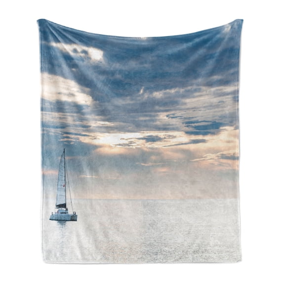 Nautical Soft Flannel Fleece Blanket, Sailing Yacht in the Morning Time on Tranquil Seascape Cloudy Sky Peaceful Marine Image, Cozy Plush for Indoor and Outdoor Use, 50" x 60", Blue, by Ambesonne
