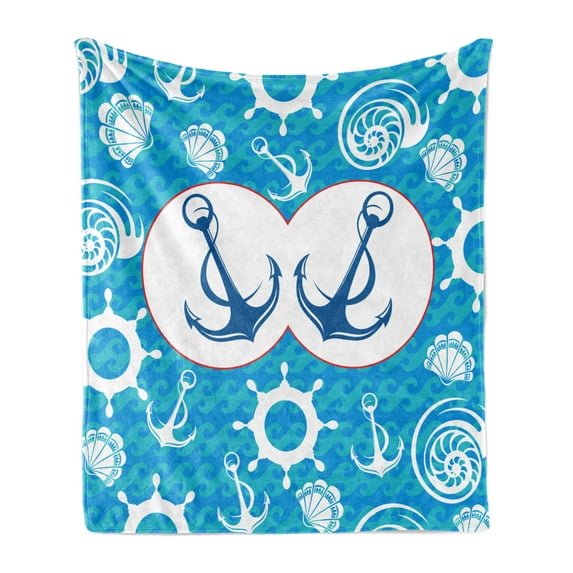 Nautical Soft Flannel Fleece Blanket, Sea Theme Doodle Nostalgia Sailboat Seaman Adventurous Travels Lifestyle, Cozy Plush for Indoor and Outdoor Use, 70" x 90", Blue Turquoise White, by Ambesonne