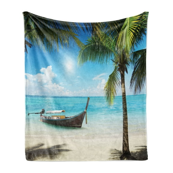 Nautical Soft Flannel Fleece Blanket, Small Boat in the Atlantic Ocean Dominican Sunny Sea and Palm Trees Image, Cozy Plush for Indoor and Outdoor Use, 50" x 60", Aqua Coconut Green, by Ambesonne