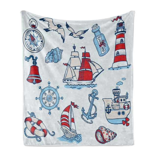 Nautical Soft Flannel Fleece Blanket, Symbolic Sea Creatures Navigation Gulls Compass Kids Holiday Shell Water Rope Design, Cozy Plush for Indoor and Outdoor Use, 70" x 90", Blue Red, by Ambesonne