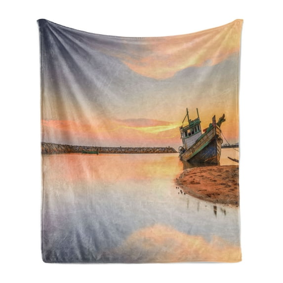 Nautical Soft Flannel Fleece Blanket, Vessel on Coast Long Exposure Dramatic Sunset Photo Solitude Lonely Twilight Theme, Cozy Plush for Indoor and Outdoor Use, 50" x 70", Blue Peach, by Ambesonne
