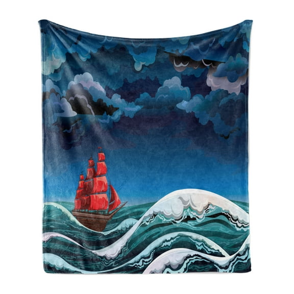 Nautical Soft Flannel Fleece Blanket, Vintage Vessel Sailing in Stormy Weather at Dark Night Majestic Wave Print, Cozy Plush for Indoor and Outdoor Use, 60" x 80", Blue Orange Plum, by Ambesonne