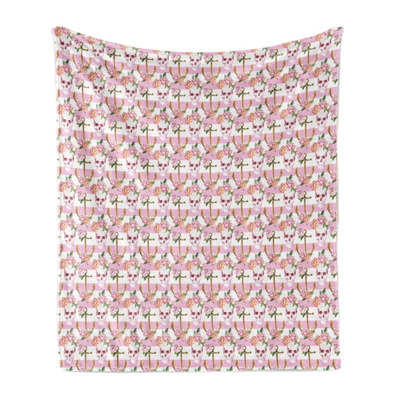 Nautical Soft Flannel Fleece Blanket, Watercolor Art Marine Skull and Anchor with Roses Vintage Feminine Pattern, Cozy Plush for Indoor and Outdoor Use, 50" x 60", Pink Green White, by Ambesonne
